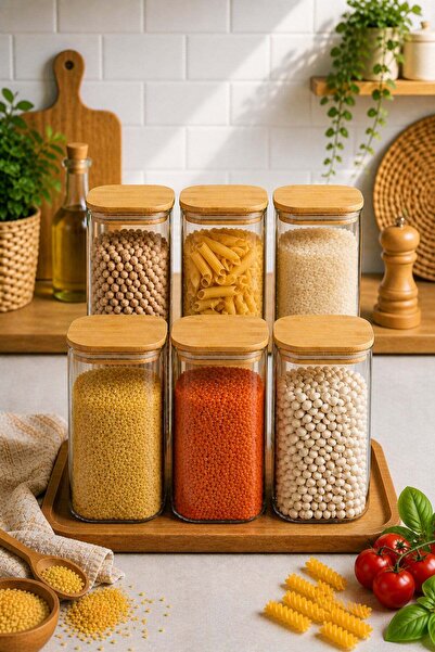 DİLAY HOME 6-Piece 1500 ml Square Glass Spice Jar and Food Container with Bam...