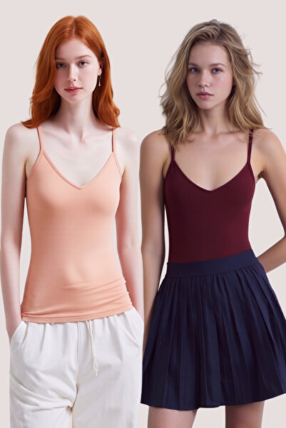 Loule Tricou de bază pentru femei, 2 piese, din bumbac și modal, cu bretele ș...