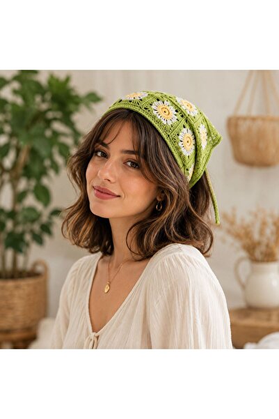 Generic Papatya Desenli Yeşil Bandana Kadın Saç Bandanası Bohem Stil