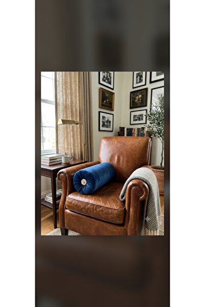 AKDKARDELEN Kardelen Mavi Silindir Yastık Dekoratif Kol Dayama Yastığı 16x48 cm