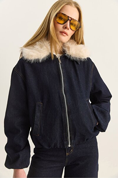 Hiccup Jachetă scurtă din denim LUCCI cu detalii din blană artificială