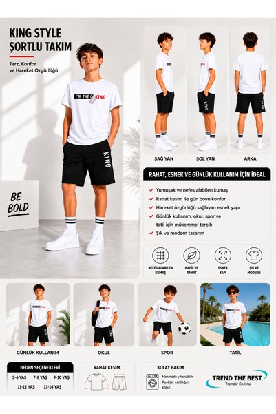 TREND THE BEST Trendin En İyisi Summer I'M the King Printed Boys' Black Shorts and White T-Shirt Set