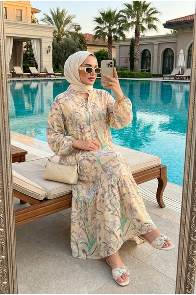 Kirazca Butik Kadın Soft Floral Desenli Maxi Tesettür Elbise – Rahat Kalıp