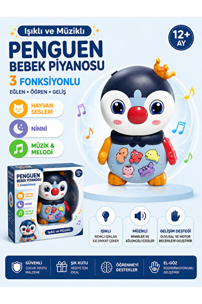 BALUMİ Penguen Bebek Piyanosu Işıklı Müzikli Eğitici Oyuncak 3 Fonksiyonlu Ha...