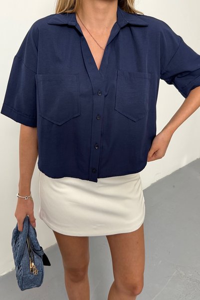 JEE LEE Women's Short Sleeve Double Pocket Loose Shirt Navy Blue - 2128