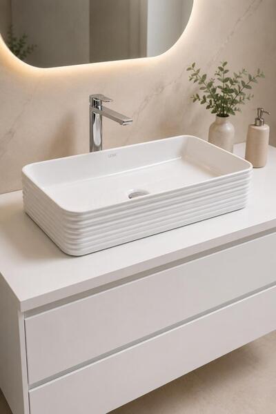 LENA E-2106 Beyaz Tezgah Üstü Porselen Lavabo Tezgah Üstü Beyaz Lavabo