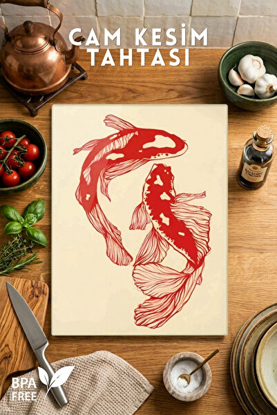 Nandy Home Koi Balık Desenli Cam Kesim Tahtası - 25x35cm -Dayanıklı ve Pratik...