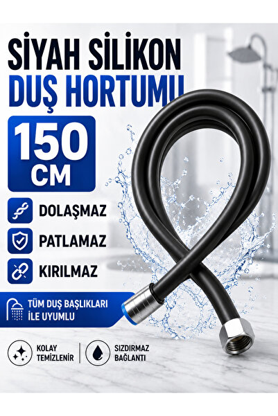RALKEN Siyah Silikon Duş Hortumu 150 cm Dolaşmaz Esnek Patlamaz Banyo Duş Hor...