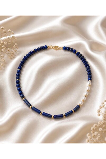 PERA ROSE Gerçek Lapis Lazuli ve İnci Kolye - Silindir Kesim Doğal Taş Tasarı...