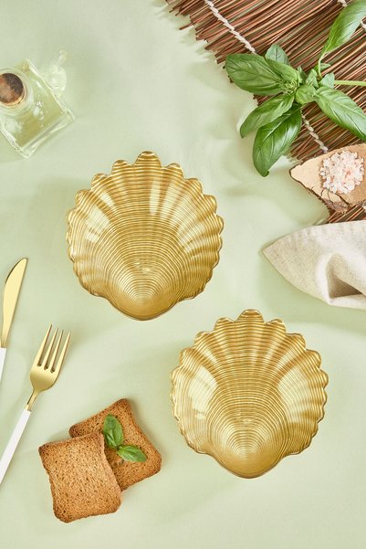 Lora Bianca Cora 2 Piece Gold Small Seashell Glass Appetizer Serving Plate Set - 2 Pieces