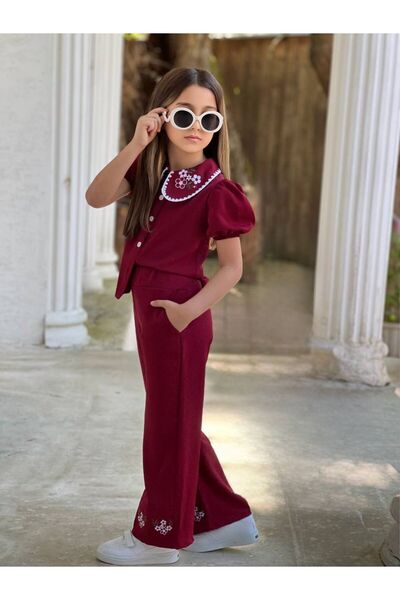 Lucky kidswear Laneni set za devojčice sa košuljom i pantalonama sa cvetnim v...