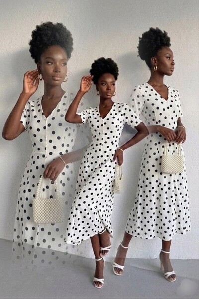 KAŞİHA V-Neck Wrinkled Fabric Polka Dot Women's Dress