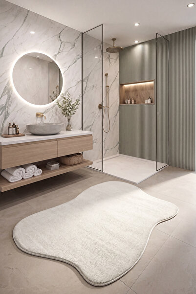 Cool Halı Puffy Krem Amorf Yumuşak Asimetrik Dekoratif Modern Dalgalı Form Lu...