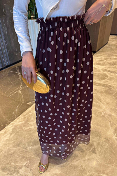 İmajButik Burgundy Polka Dot Chiffon Skirt with Elastic Waist