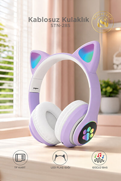 Solistech Kablosuz Bluetooth Led Işıklı Çocuk Kedi Kulaklık Şık Mikrofonlu Ha...