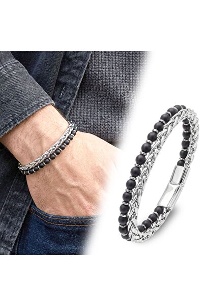 Mestore Steel Chain Matte Onyx and Silver Hematite Bracelet 31682B21D11