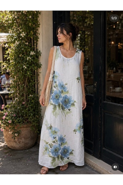 yusracollectionn Italian Linen Floral Patterned Loose Maxi Dress
