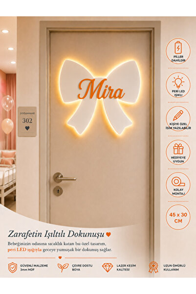baskigo.com LED Işıklı Kişiye Özel Kurdele Kapı Süsü İsimli Bebek Odası Dekor...