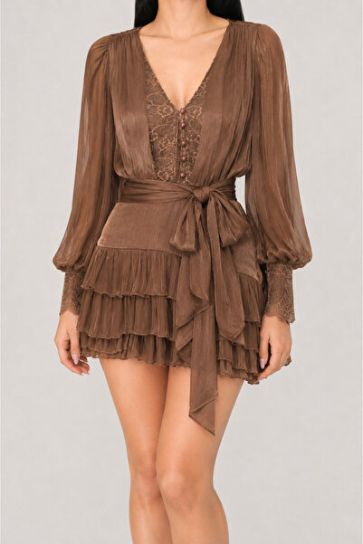Ecem Wear KAHVERENGİ TRANSPARAN ŞORTLU TULUM