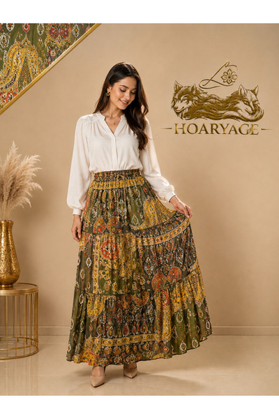 hoaryage تنورة شيفون من قماش الكريب المزخرف بثلاث طبقات مع خصر مطاطي، تنورة ب...