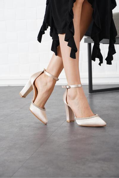 Moda Pie Miu Nude Stone Detailed Women's Heeled Shoes - Satin