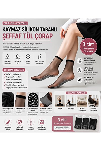BADELMİRA Kadın Kaymaz Silikon Tabanlı Yok Gibi 5 den Şeffaf Tül Çorap Yoga P...