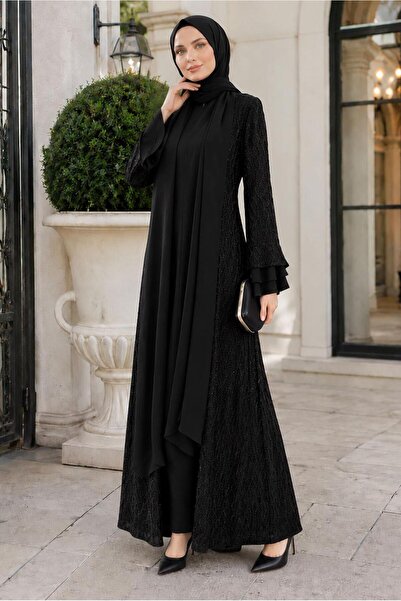 TRENDTESETTÜR KADIN SİYAH ELBİSELİ ABAYA TAKIMI T 8089