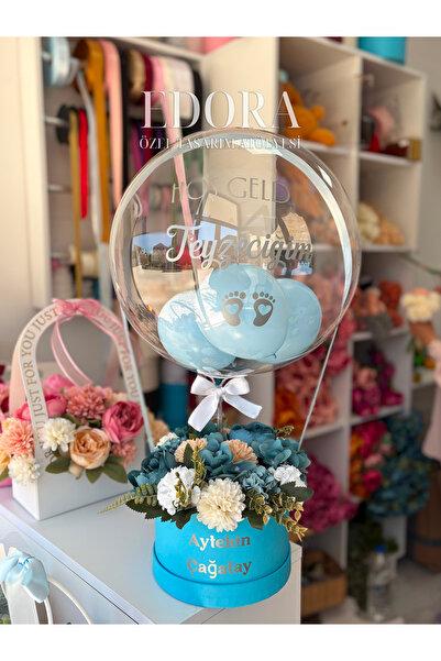 Edora Design Hoşgeldin Bebek Şeffaf Balonlu Tasarım Yapay Çiçek Kutusu Mavi| ...
