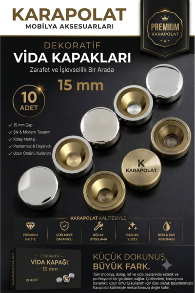 KARAPOLAT 15 mm Krom Dekoratif Vida Kapağı 10 Adet Vida Kapatıcı Gizleme Kapağı