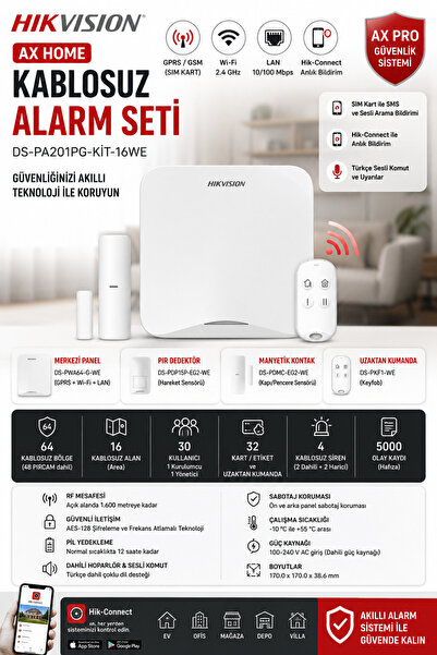 Hikvision KABLOSUZ ALARM SETİ (AX HOME) DS-PA201PG-KİT-16WE / Alarm Sistemi /...