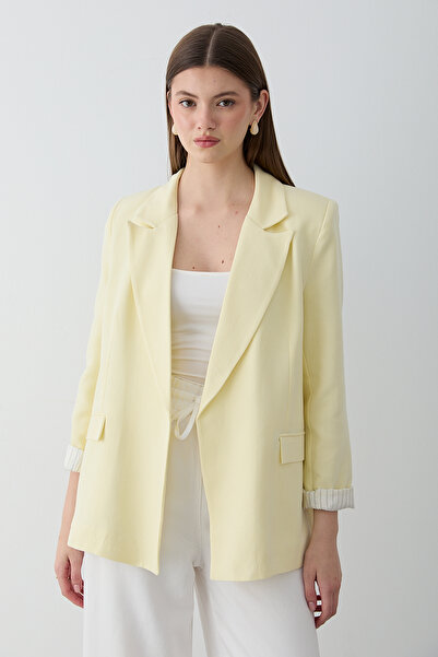 JASTE Kadın Sarı Çizgili İçi Astarlı Kol Detaylı Blazer Ceket