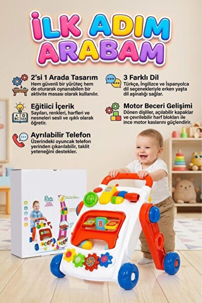 Tıfıl Toys Sesli 3 Dil Seçenekli 2'si 1 Arada Oyuncak İlk Adım Arabası ve Eği...