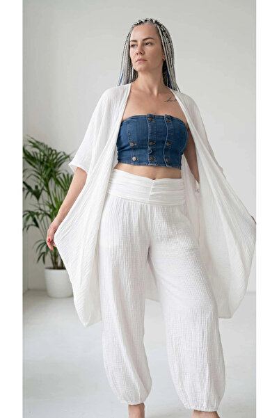 by emelika %100 Pamuk, Bürümcük, Lastik Detay, Bohem Lidya Kaftan (Beyaz)