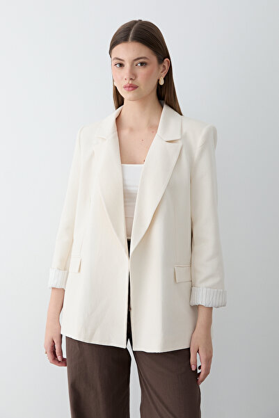JASTE Kadın Naturel Çizgili İçi Astarlı Kol Detaylı Blazer Ceket