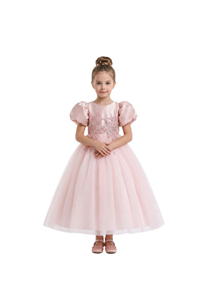 Bidani - Puff Sleeve Floral Embroidered Tulle Party Dress - Blush Pink - 3Y t...