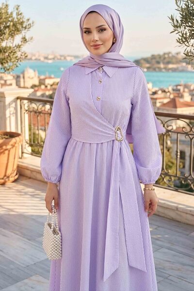 TOFİSA Çizgili Tokalı Elbise - 28392-LILA