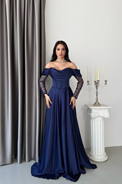 Serica Moda Navy Blue Boat Neck Underwire Lace Detailed Long Evening Dress