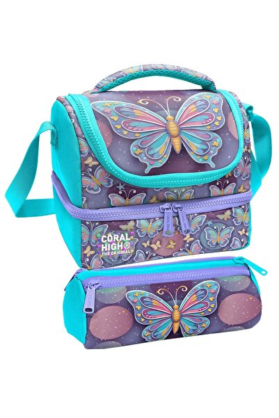 Coral High Girl's Pastel Colored Butterfly Patterned Two-Tier Lunchbox and Pe...