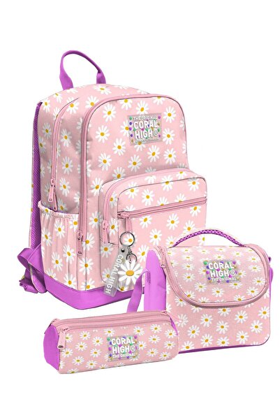 Coral High Pembe Beyaz Papatya Desenli Kız Çocuk İlkokul ve Ortaokul Üçlü Oku...