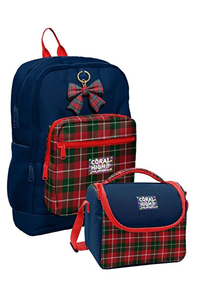 Coral High Navy Blue Red Plaid Patterned Girl's Backpack and Lunchbox Set (4 ...