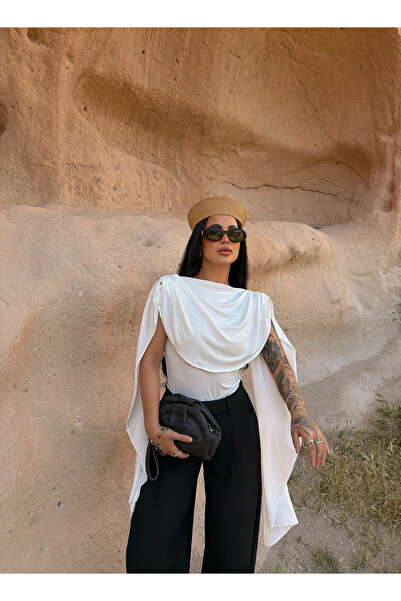 kırmızı butiks White Draped Cape Bodysuit