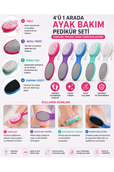 GELDİMİCOM 4'ü 1 Arada Ayak Bakım Seti Pedikür Fırçası Topuk Törpüsü Ponza Ta...