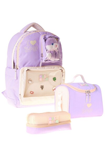 CalaCilo مجموعة حقيبة مدرسية ثلاثية للفتيات من K-Pop Lilac مع إكسسوارات على ش...