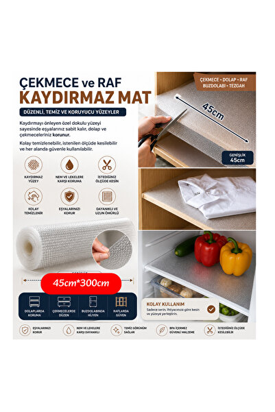 GELDİMİCOM 45x300 cm Kaydırmaz Raf ve Çekmece Örtüsü Dolap İçi Koruyucu Mat B...