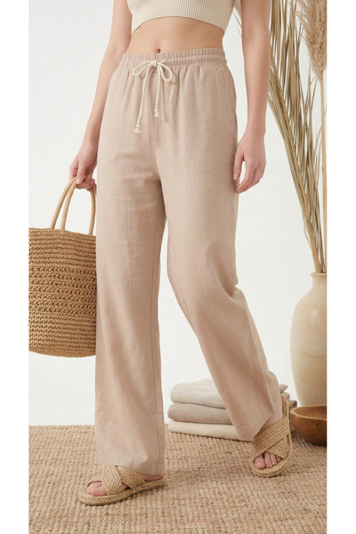 STRAVON Women's 100% Cotton Muslin Palazzo High Waist Comfortable Fit Linen Trousers