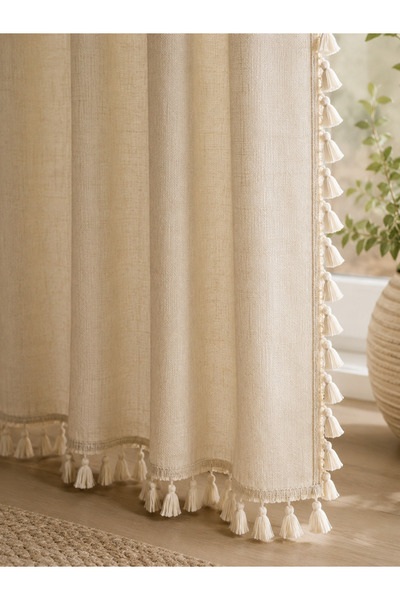 Luxoras Home Cream Linen Tasseled Vintage Background Curtain - with Cornice, 100% Natural, with Laces as a Gift