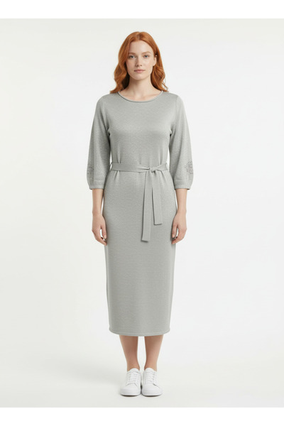Neden Tekstil Women's 3/4 Sleeve Midi Belted Dress