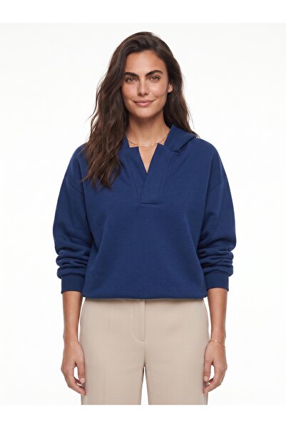 ONLOOX Navy Blue Cotton V-Neck Off-Shoulder Hooded Long Sleeve Sweatshirt wit...