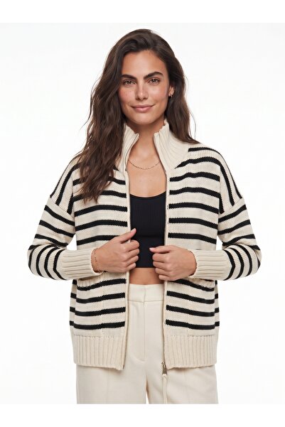 ONLOOX Ecru Black Viscose Blended Long Sleeve Standard Fit Striped Zippered K...