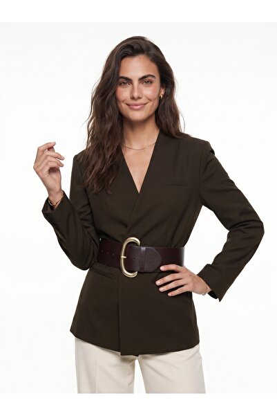 ONLOOX Brown Flexible Textured Double-Breasted V-Neck Modern Cut Wide Belted ...